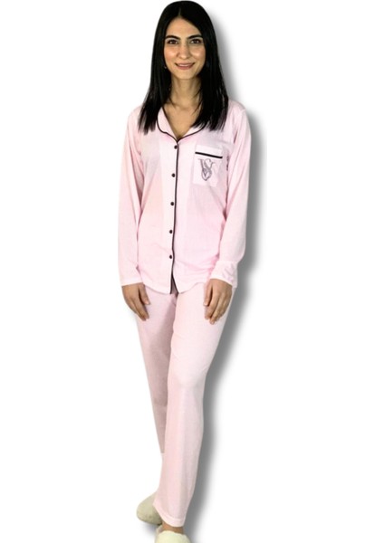Kadın Pamuklu Viscon Bebe Yaka V. Secret Ince Çizgili Pijama Takımı (Pembe)