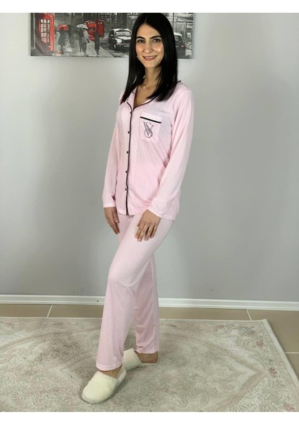 Kadın Pamuklu Viscon Bebe Yaka V. Secret Ince Çizgili Pijama Takımı (Pembe) fiyatları