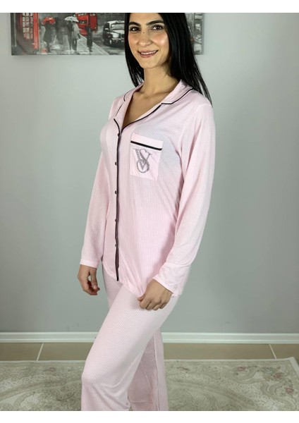 Kadın Pamuklu Viscon Bebe Yaka V. Secret Ince Çizgili Pijama Takımı (Pembe) indirimleri