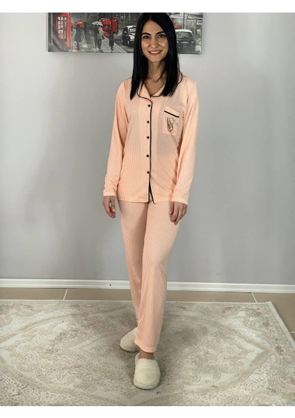 Kadın Pamuklu Viscon Bebe Yaka V. Secret Çizgili Pijama Takımı (Turuncu) modelleri