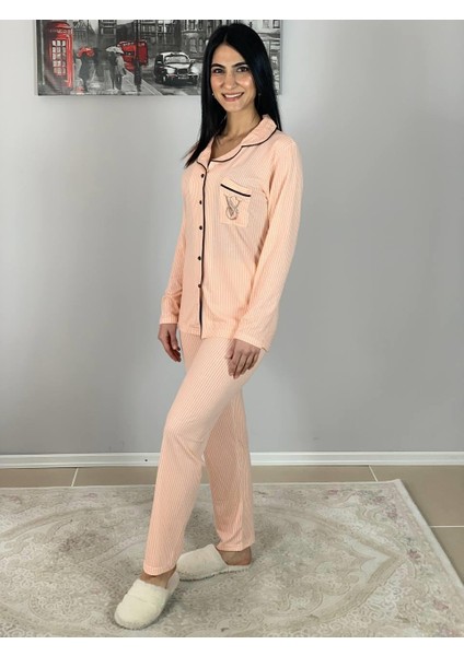 Kadın Pamuklu Viscon Bebe Yaka V. Secret Çizgili Pijama Takımı (Turuncu) fırsatları