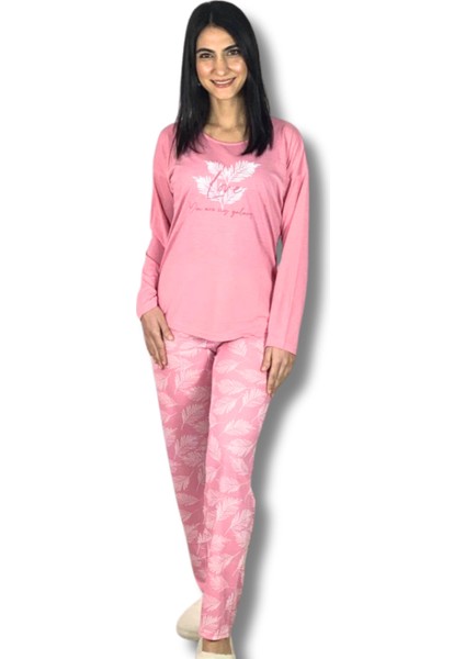 Kadın Pamuklu Viscon Yaprak Desenli Pijama Takımı (Pembe)