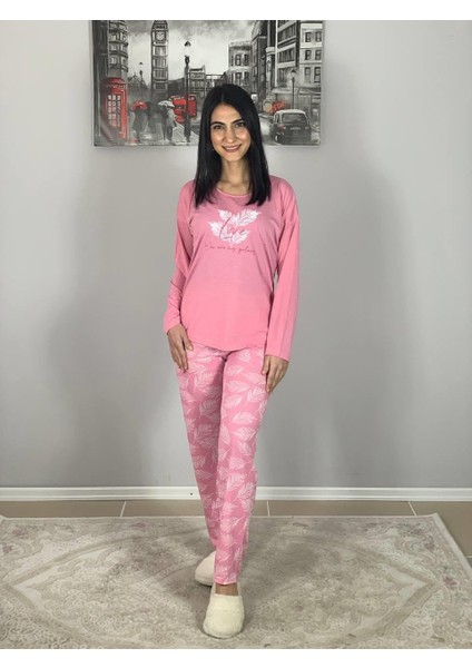 Kadın Pamuklu Viscon Yaprak Desenli Pijama Takımı (Pembe)