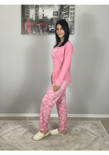 Kadın Pamuklu Viscon Yaprak Desenli Pijama Takımı (Pembe)