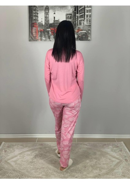 Kadın Pamuklu Viscon Yaprak Desenli Pijama Takımı (Pembe)