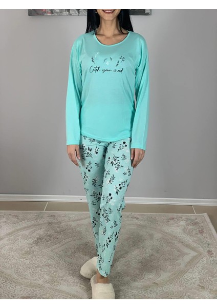 Kadın Pamuklu Viscon Çiçek Desenli Pijama Takımı (Yeşil)