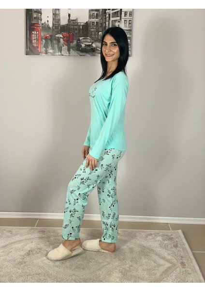 Kadın Pamuklu Viscon Çiçek Desenli Pijama Takımı (Yeşil)