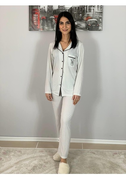 Kadın Pamuklu Viscon Bebe Yaka V. Secret Çizgili Pijama Takımı (Beyaz) fiyatları
