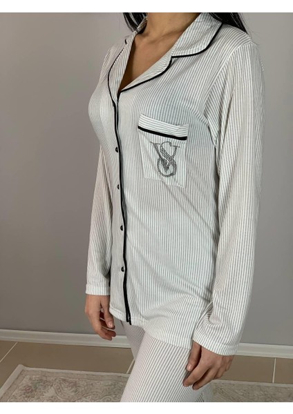 Kadın Pamuklu Viscon Bebe Yaka V. Secret Çizgili Pijama Takımı (Beyaz) modelleri