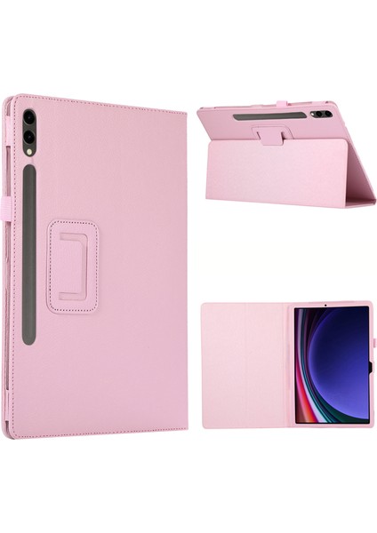 Samsung Galaxy Tab S10+ Kılıf Ikiye Katlanır Standlı Deri Tablet Kapak Litchi Doku-Pembe
