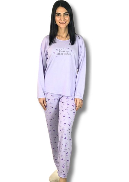 Kadın Pamuklu Viscon Çiçek Desenli Pijama Takımı (Lila)