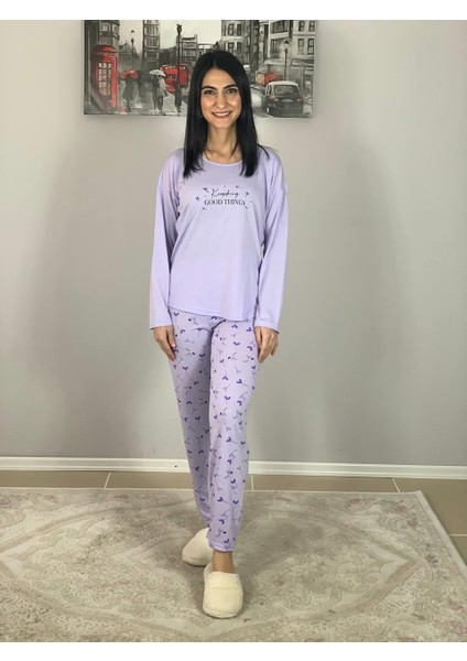 Kadın Pamuklu Viscon Çiçek Desenli Pijama Takımı (Lila)