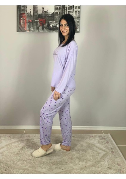 Kadın Pamuklu Viscon Çiçek Desenli Pijama Takımı (Lila)