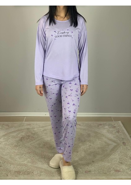 Kadın Pamuklu Viscon Çiçek Desenli Pijama Takımı (Lila)