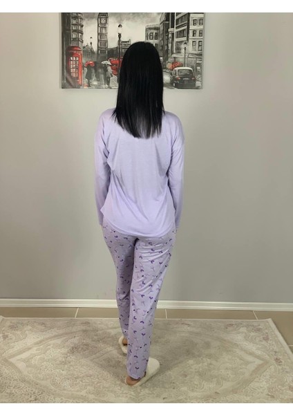 Kadın Pamuklu Viscon Çiçek Desenli Pijama Takımı (Lila)
