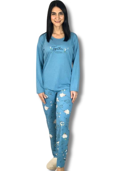 Kadın Pamuklu Viscon Çiçek Desenli Pijama Takımı (Mavi)