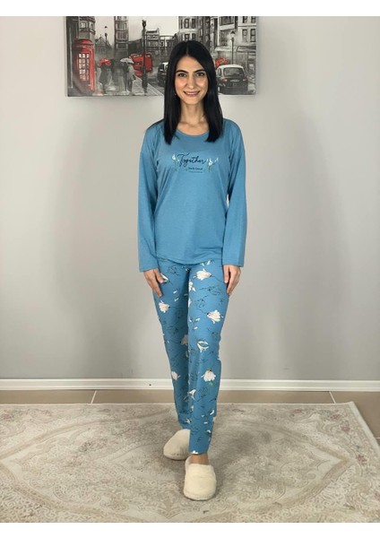 Kadın Pamuklu Viscon Çiçek Desenli Pijama Takımı (Mavi)