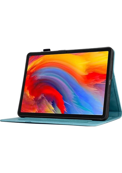 Samsung Galaxy Tab A9 Kılıf Çiçek Kuş Baskılı Kartlıklı Deri Tablet Kapak-Koyu Mavi