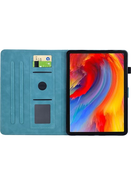 Samsung Galaxy Tab A9 Kılıf Çiçek Kuş Baskılı Kartlıklı Deri Tablet Kapak-Koyu Mavi