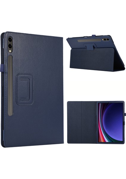 Samsung Galaxy Tab S10+ Kılıf Çift Katlı Standlı Deri Tablet Kapak Litchi Doku-Koyu Mavi