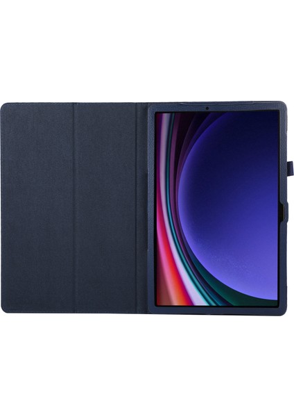 Samsung Galaxy Tab S10+ Kılıf Çift Katlı Standlı Deri Tablet Kapak Litchi Doku-Koyu Mavi