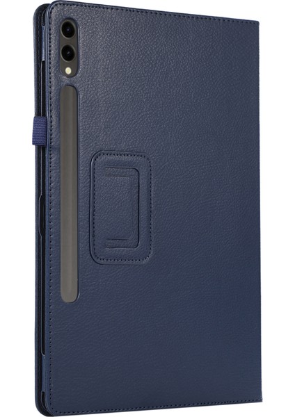 Samsung Galaxy Tab S10+ Kılıf Çift Katlı Standlı Deri Tablet Kapak Litchi Doku-Koyu Mavi