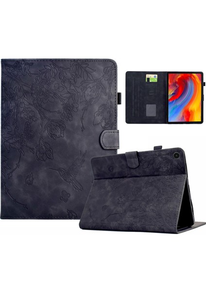 Samsung Galaxy Tab A9+ Kılıf Çiçek Kuş Baskılı Kartlıklı Deri Tablet Kılıfı-Kahverengi