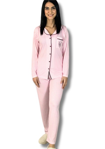Kadın Pamuklu Viscon Bebe Yaka V. Secret Çizgili Pijama Takımı (Pembe)