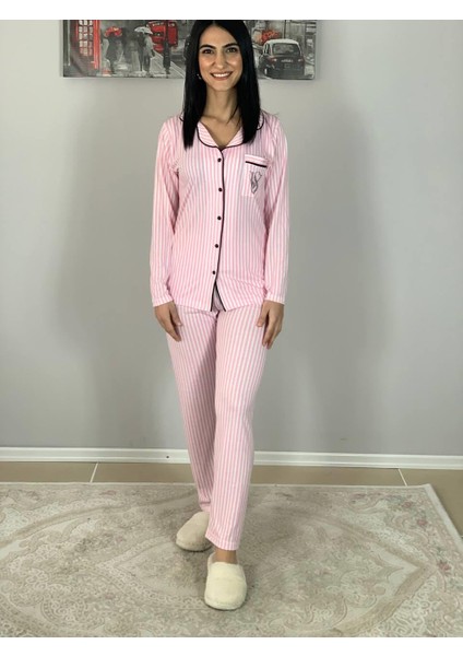 Kadın Pamuklu Viscon Bebe Yaka V. Secret Çizgili Pijama Takımı (Pembe) fiyatları