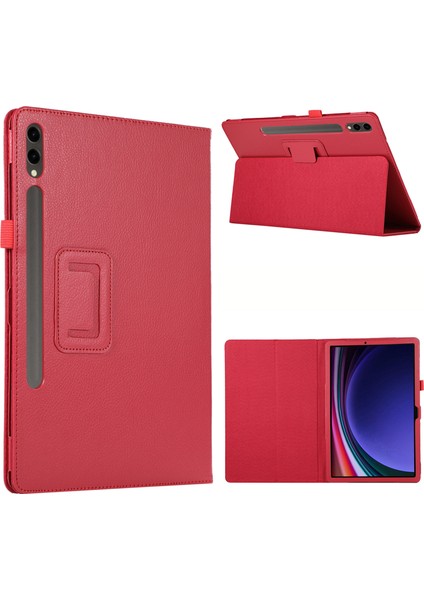 Samsung Galaxy Tab S10+ Kılıf Çift Katlı Standlı Deri Tablet Kılıfı Litchi Doku-Kırmızı