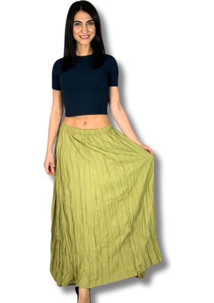 Kadın Pileli Kırışık Kumaşlı Maxi Etek (Haki)