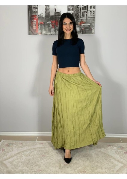Kadın Pileli Kırışık Kumaşlı Maxi Etek (Haki) fiyatları