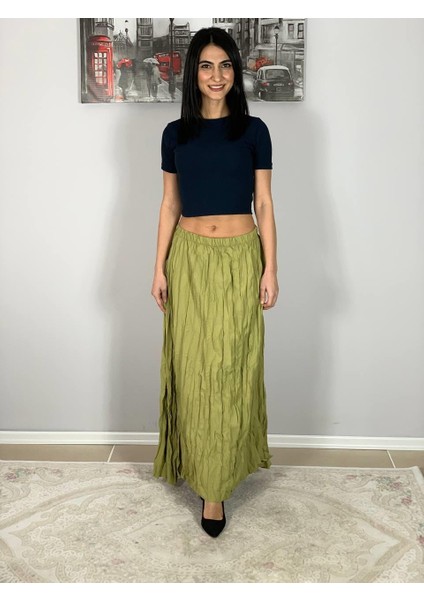 Kadın Pileli Kırışık Kumaşlı Maxi Etek (Haki) modelleri