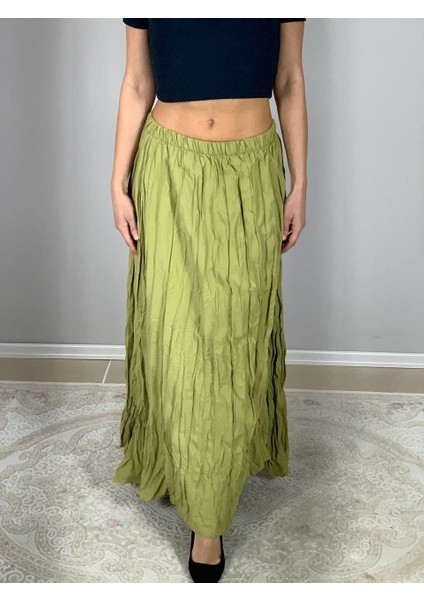 Kadın Pileli Kırışık Kumaşlı Maxi Etek (Haki) indirimleri