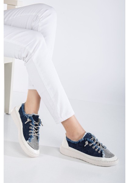 Neva Taşlı Düz Taban Kadın Lacivert Kot Sneakers