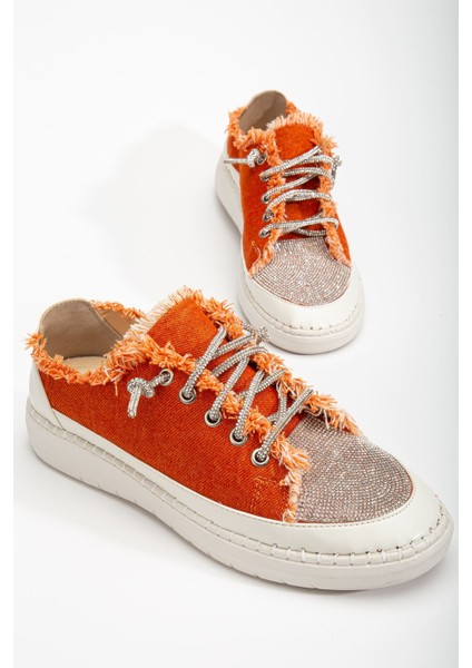 Neva Taşlı Düz Taban Kadın Turuncu Kot Sneakers