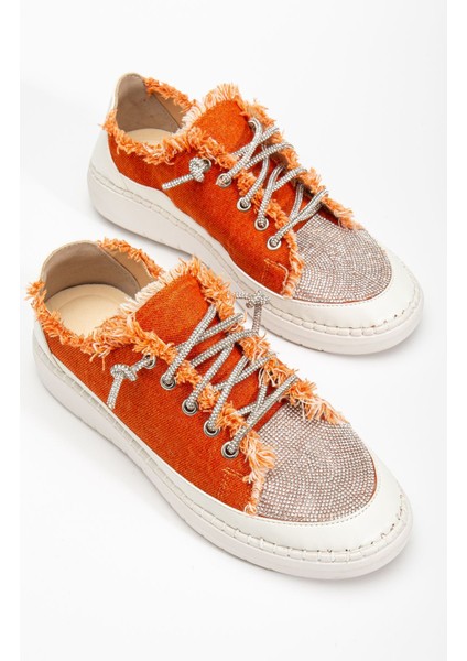 Neva Taşlı Düz Taban Kadın Turuncu Kot Sneakers