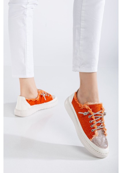 Neva Taşlı Düz Taban Kadın Turuncu Kot Sneakers