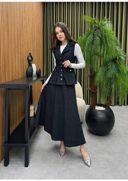 Premium Kalite Çizgili Jean Yelek Etek Ikili Takım Tesettür Uyumlu Kot Yelekli Takım Etekli Takım fiyatları