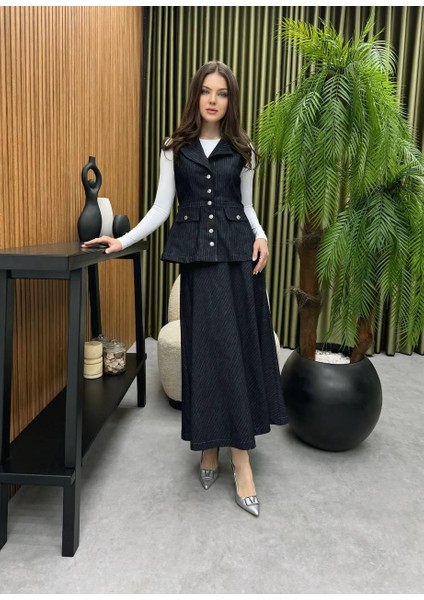 Premium Kalite Çizgili Jean Yelek Etek Ikili Takım Tesettür Uyumlu Kot Yelekli Takım Etekli Takım modelleri