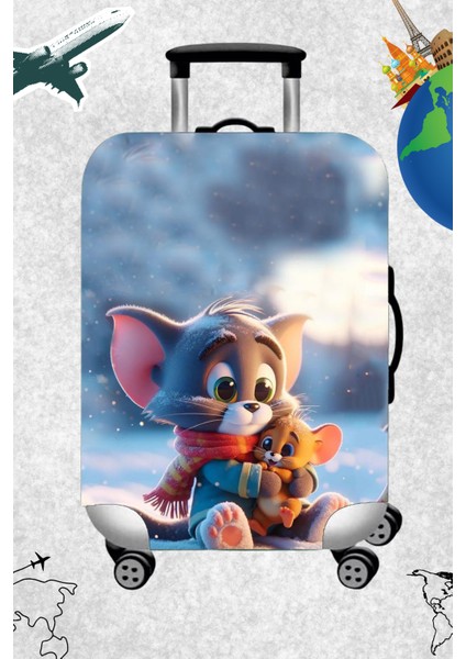 Likralı Esnek Kumaş Tom Ve Jerry Baskılı Dayanıklı Valiz Ve Bavul Kılıfı