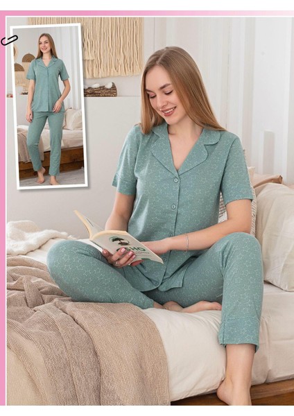 Su Yeşili, Kısa Kollu, Altı Uzun, Yıldız Desenli, Düğmeli,pijama Takımı