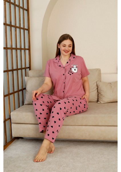 Büyük Beden Pamuk Düğmeli Kadın Pijama Takımı – Rahat ve Şık Gömlek Pijama Tasarımı