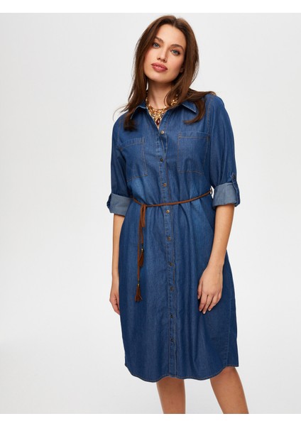 Beli Kemerli Gömlek Yaka Jean Elbise B00069-1