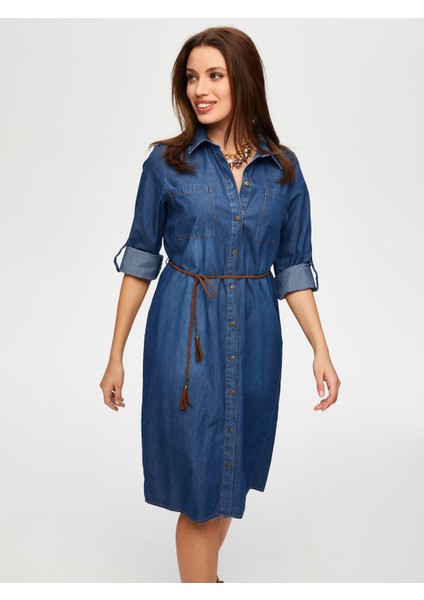 Beli Kemerli Gömlek Yaka Jean Elbise B00069-1