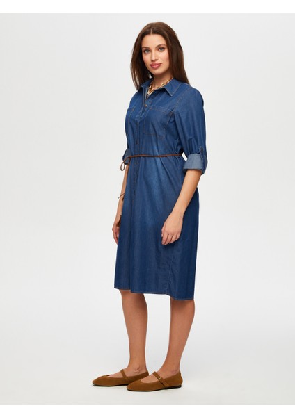 Beli Kemerli Gömlek Yaka Jean Elbise B00069-1 modelleri
