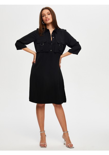 Metal Toka Detaylı 3/4 Kol Dokuma Elbise S25ELB006