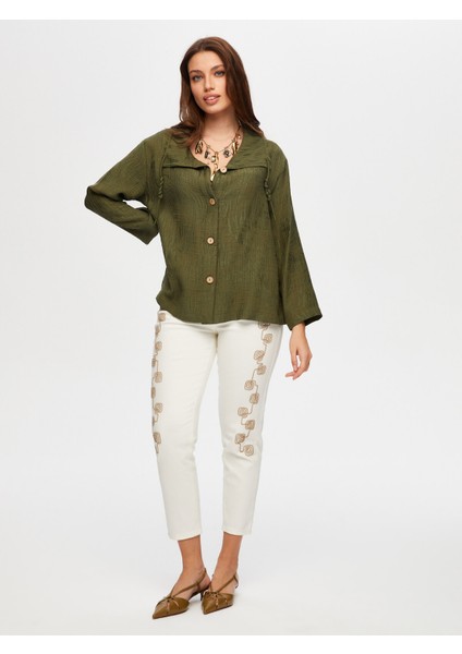 Kendinden Yaprak Desen Dokulu Rahat Form Ceket S25CKT013