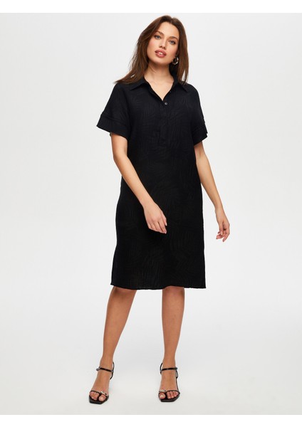 Yaprak Desenli Kendinden Dokulu Kısa Kol Elbise S25ELB010