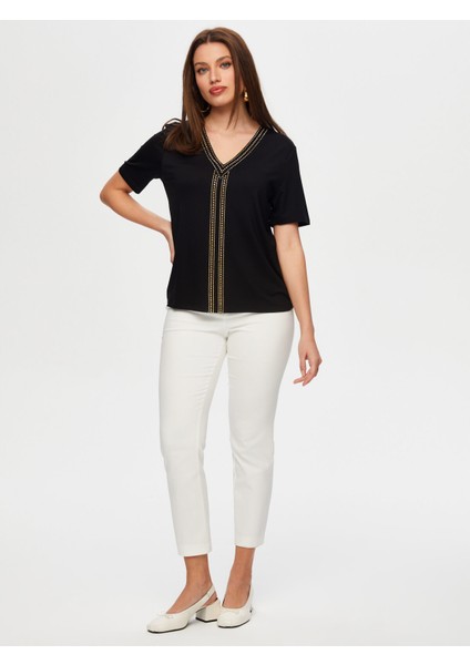 Gold Trok Taş Detaylı V Yaka Kısa Kol T-Shirt S25TSH069 fiyatları